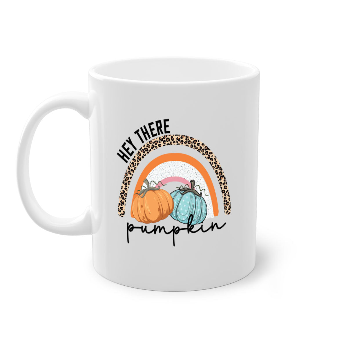 Fall Hey There Pumpkin Mug with colorful handle and interior, showcasing a glossy finish and autumn-themed design.