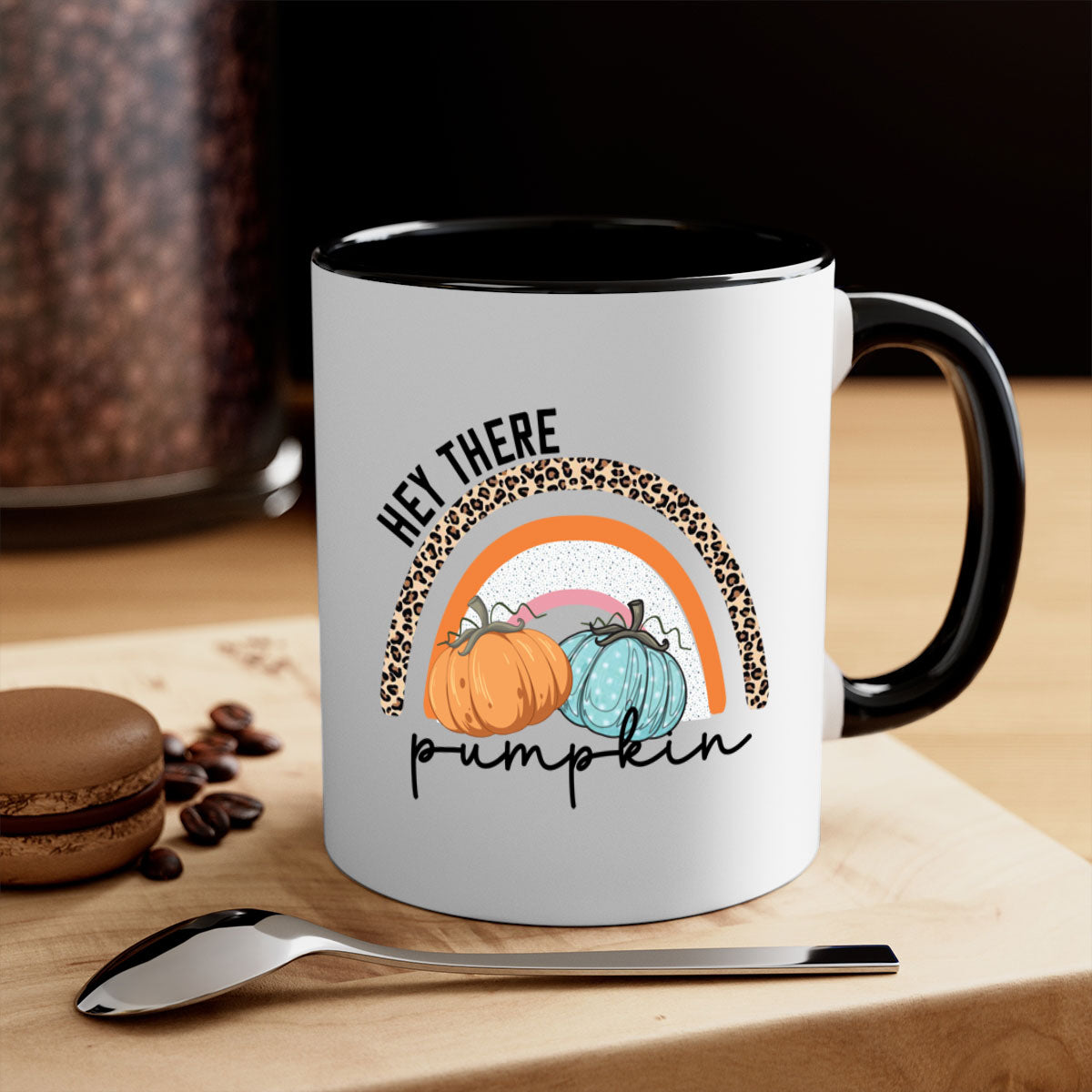 Fall Hey There Pumpkin Mug with colorful handle and interior, showcasing a glossy finish and autumn-themed design.