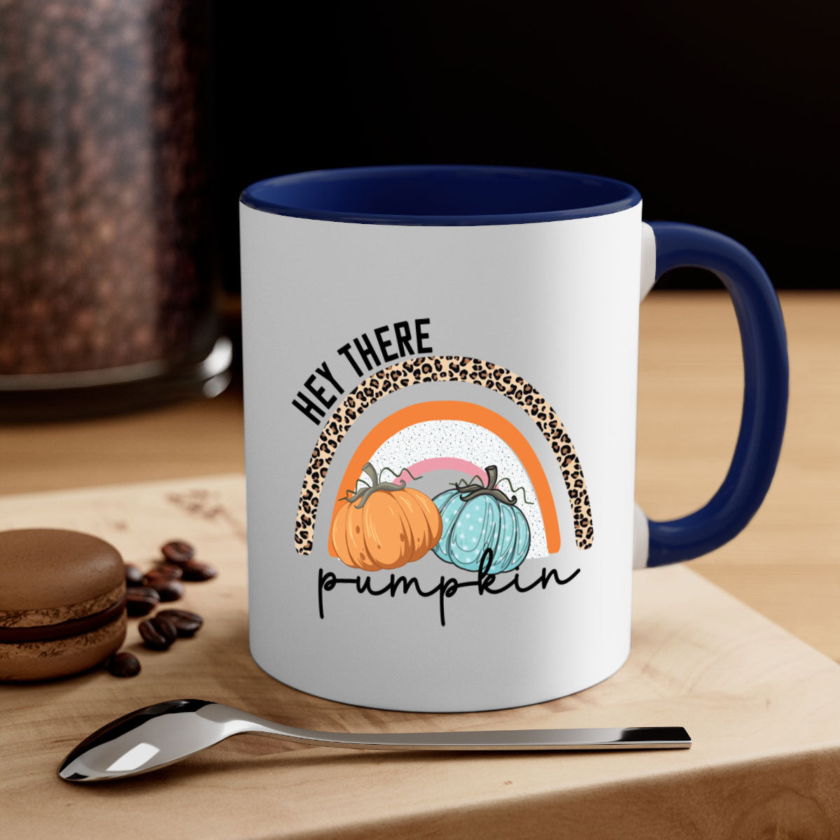 Fall Hey There Pumpkin Mug with colorful handle and interior, showcasing a glossy finish and autumn-themed design.