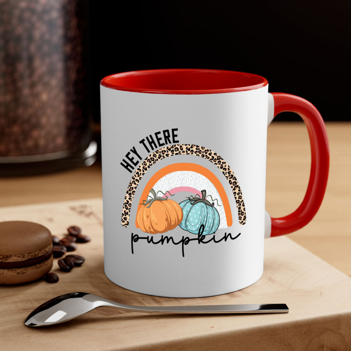 Fall Hey There Pumpkin Mug with colorful handle and interior, showcasing a glossy finish and autumn-themed design.