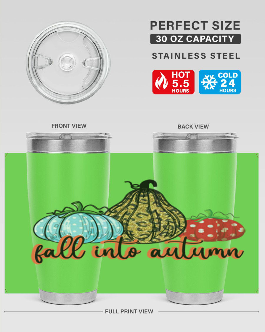 Fall into Autumn 20oz Tumbler made of double wall vacuum stainless steel with a copper lining, featuring a drink-thru lid.