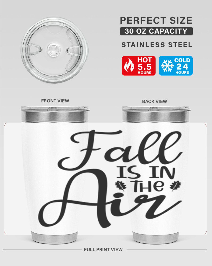 Fall Is In The Air 20oz Tumbler featuring double wall vacuum stainless steel with copper lining, designed for hot and cold beverages.