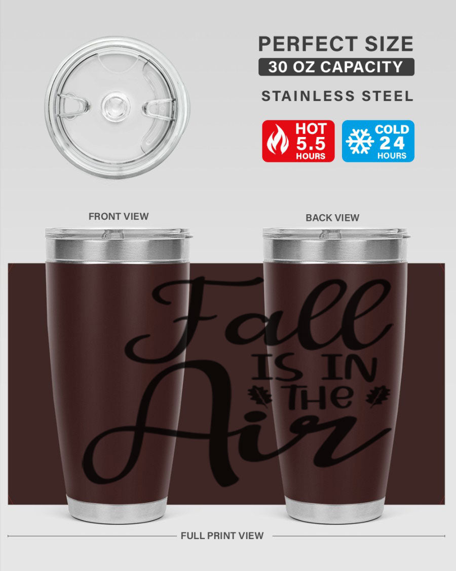 Fall Is In The Air 20oz Tumbler featuring double wall vacuum stainless steel with copper lining, designed for hot and cold beverages.