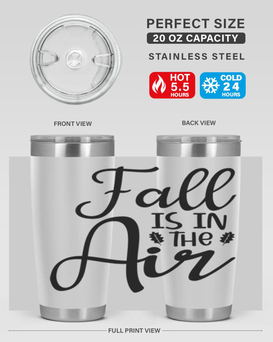 Fall Is In The Air 20oz Tumbler featuring double wall vacuum stainless steel with copper lining, designed for hot and cold beverages.