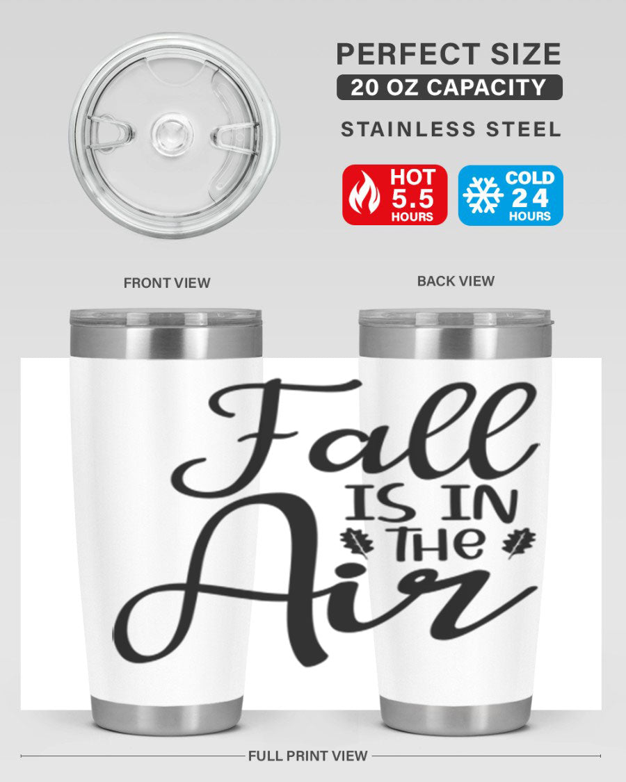Fall Is In The Air 20oz Tumbler featuring double wall vacuum stainless steel with copper lining, designed for hot and cold beverages.