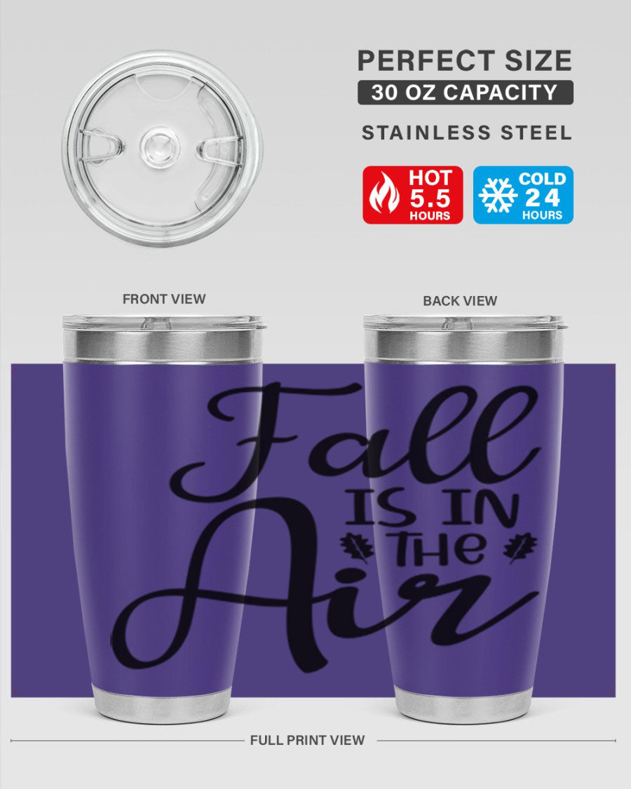 Fall Is In The Air 20oz Tumbler featuring double wall vacuum stainless steel with copper lining, designed for hot and cold beverages.