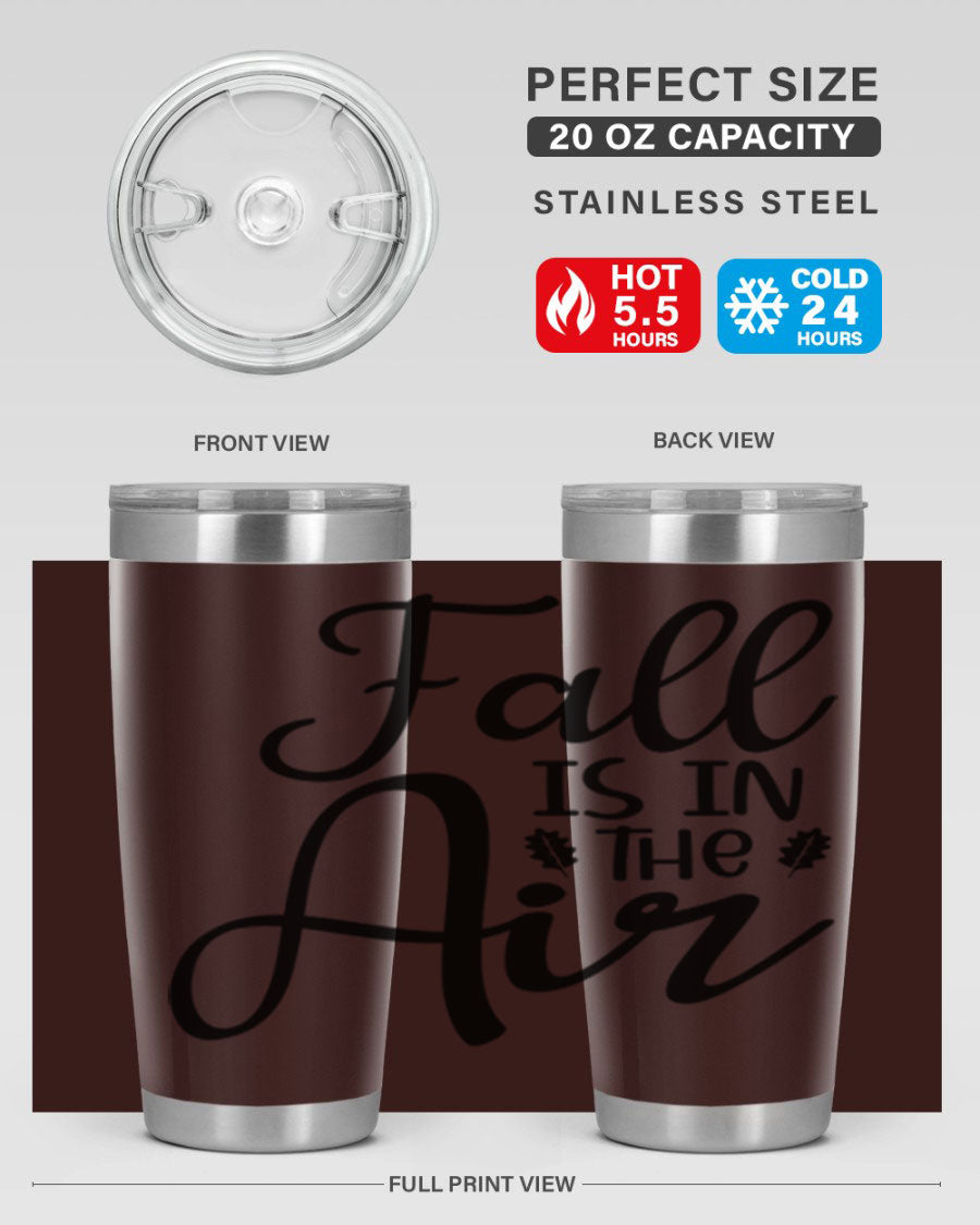 Fall Is In The Air 20oz Tumbler featuring double wall vacuum stainless steel with copper lining, designed for hot and cold beverages.