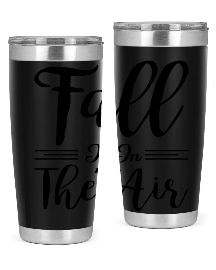 Fall is in the Air 110# Tumbler showcasing a vibrant fall-themed design, made of double wall vacuum stainless steel with a drink-thru lid.