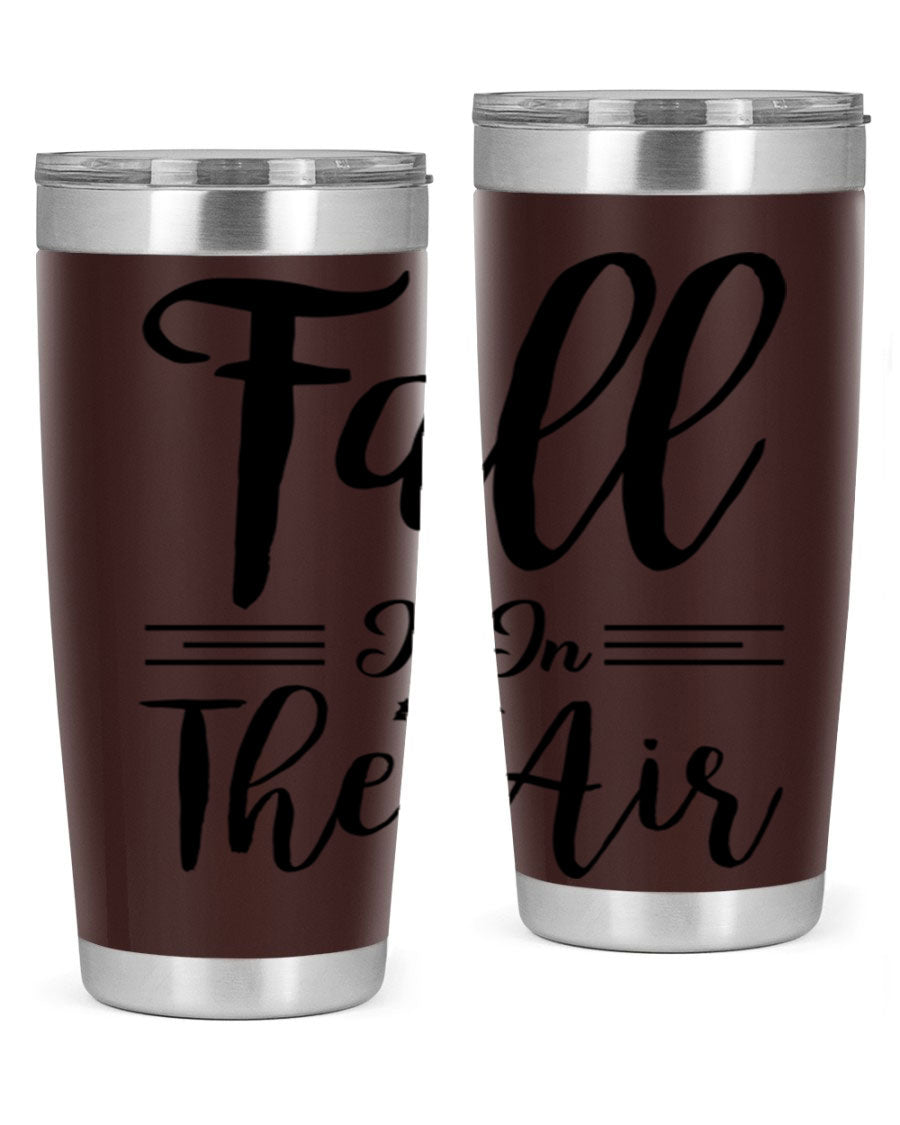 Fall is in the Air 110# Tumbler showcasing a vibrant fall-themed design, made of double wall vacuum stainless steel with a drink-thru lid.