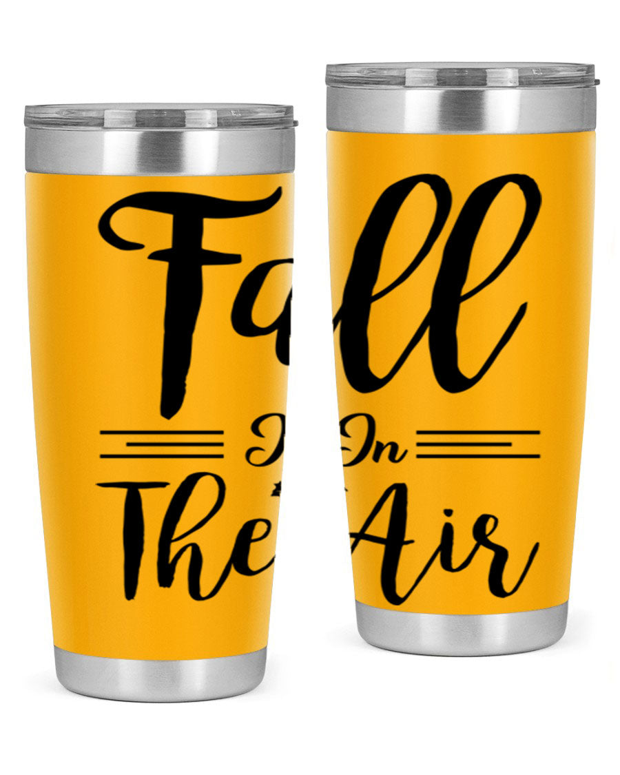 Fall is in the Air 110# Tumbler showcasing a vibrant fall-themed design, made of double wall vacuum stainless steel with a drink-thru lid.