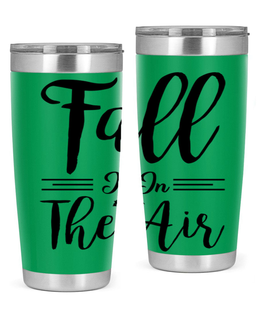 Fall is in the Air 110# Tumbler showcasing a vibrant fall-themed design, made of double wall vacuum stainless steel with a drink-thru lid.