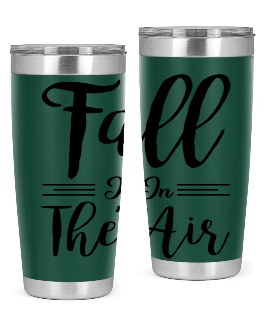 Fall is in the Air 110# Tumbler showcasing a vibrant fall-themed design, made of double wall vacuum stainless steel with a drink-thru lid.