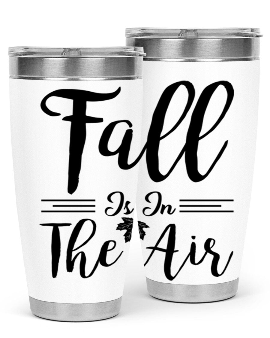 Fall is in the Air 110# Tumbler showcasing a vibrant fall-themed design, made of double wall vacuum stainless steel with a drink-thru lid.