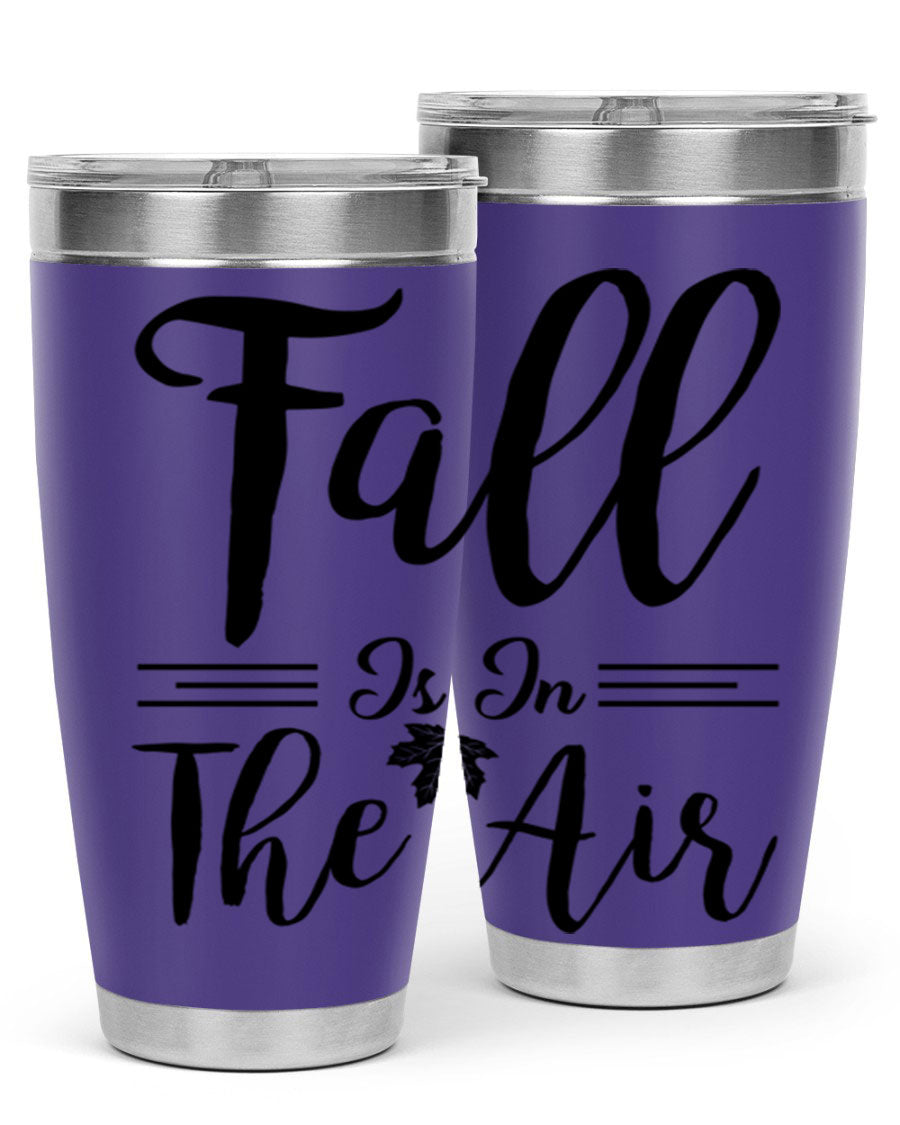 Fall is in the Air 110# Tumbler showcasing a vibrant fall-themed design, made of double wall vacuum stainless steel with a drink-thru lid.