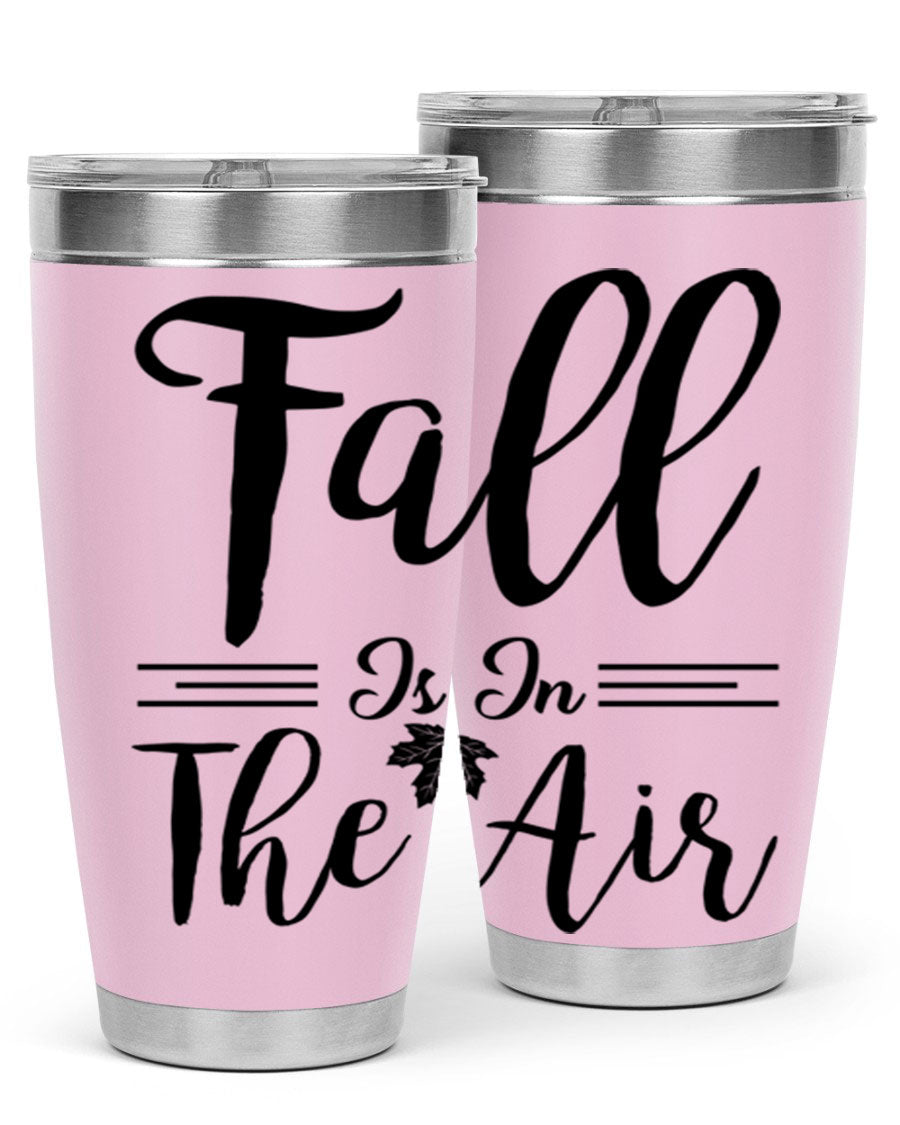 Fall is in the Air 110# Tumbler showcasing a vibrant fall-themed design, made of double wall vacuum stainless steel with a drink-thru lid.