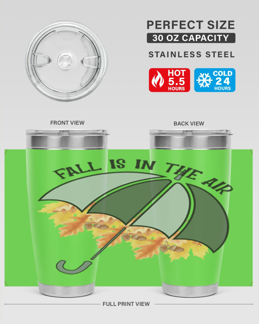 Fall is in the Air 20oz Tumbler made of stainless steel with a copper lining, featuring a drink-thru lid and a stylish autumn-themed design.