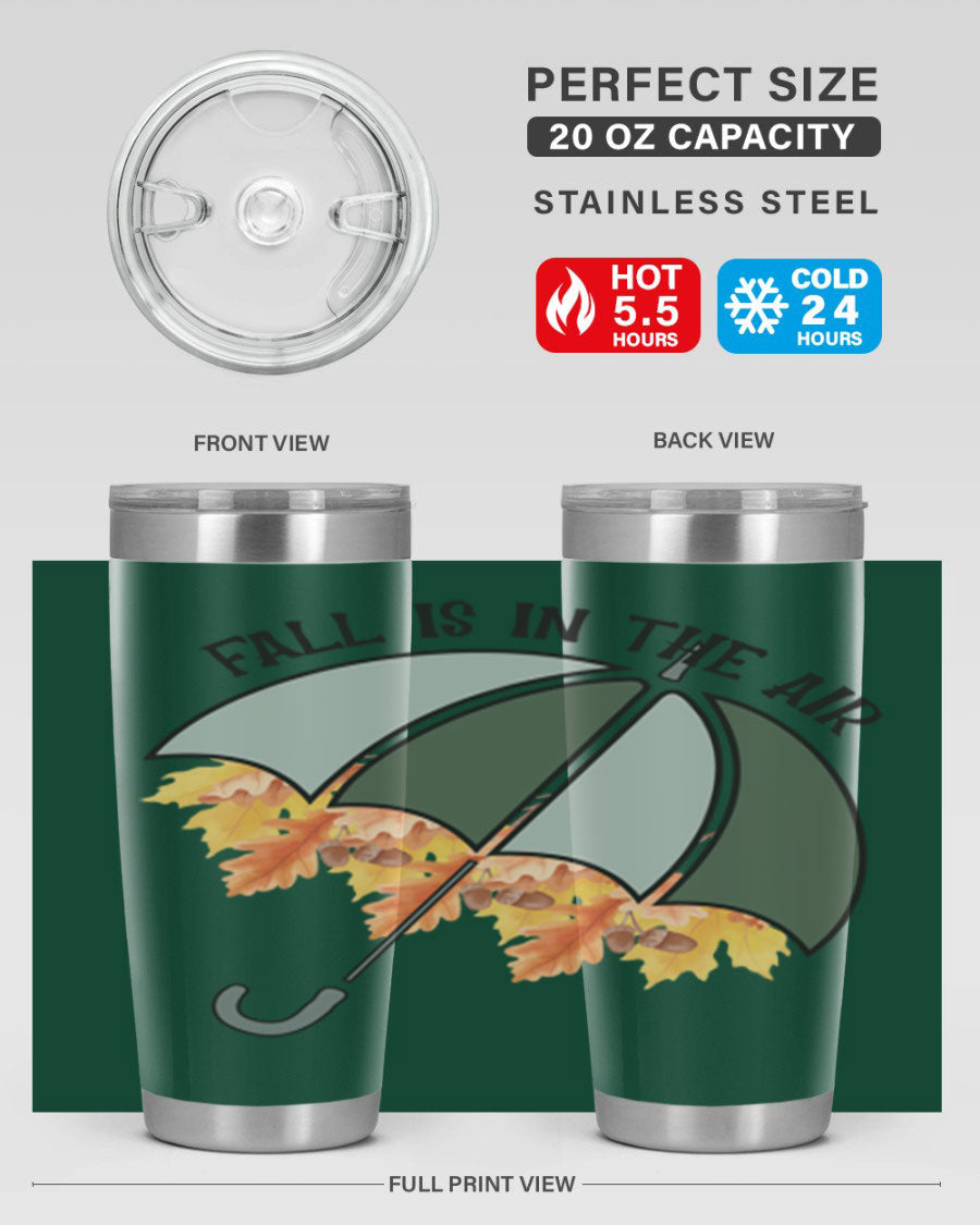 Fall is in the Air 20oz Tumbler made of stainless steel with a copper lining, featuring a drink-thru lid and a stylish autumn-themed design.