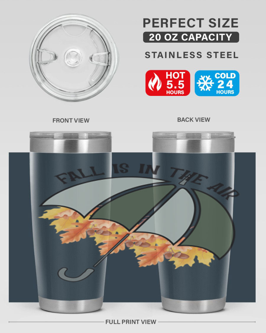 Fall is in the Air 20oz Tumbler made of stainless steel with a copper lining, featuring a drink-thru lid and a stylish autumn-themed design.