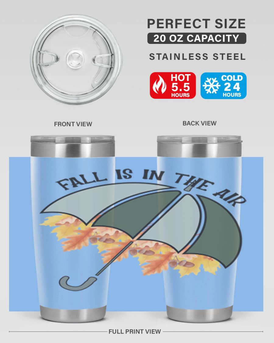 Fall is in the Air 20oz Tumbler made of stainless steel with a copper lining, featuring a drink-thru lid and a stylish autumn-themed design.
