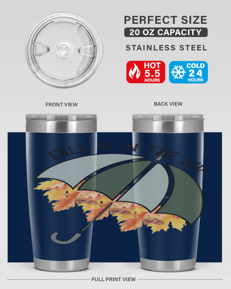 Fall is in the Air 20oz Tumbler made of stainless steel with a copper lining, featuring a drink-thru lid and a stylish autumn-themed design.