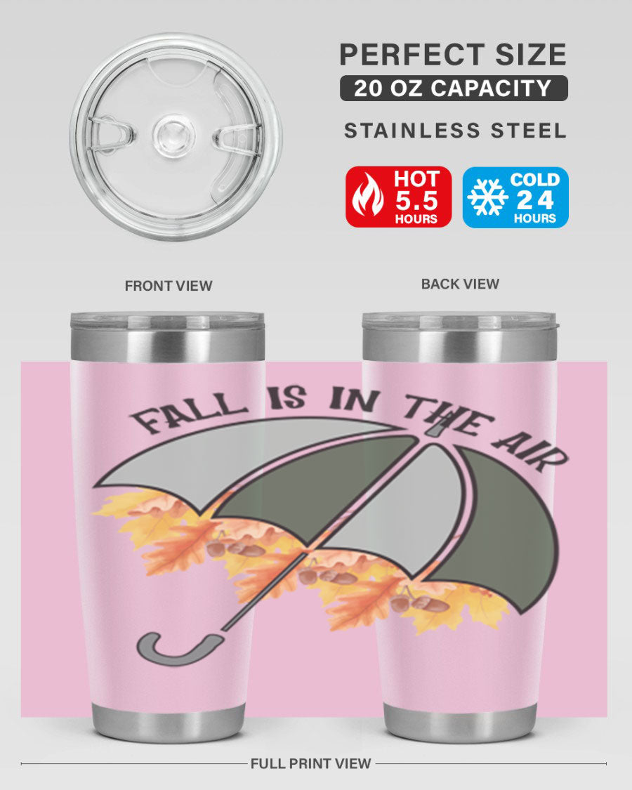 Fall is in the Air 20oz Tumbler made of stainless steel with a copper lining, featuring a drink-thru lid and a stylish autumn-themed design.