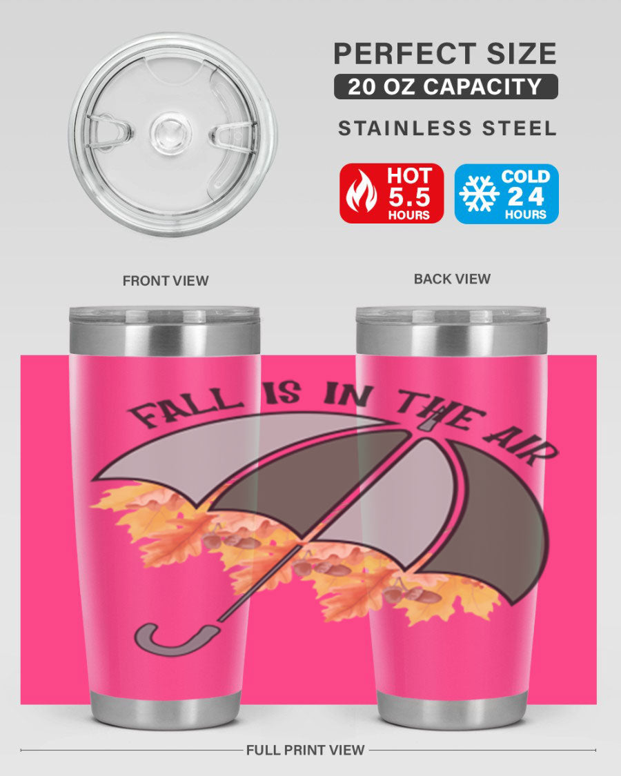 Fall is in the Air 20oz Tumbler made of stainless steel with a copper lining, featuring a drink-thru lid and a stylish autumn-themed design.