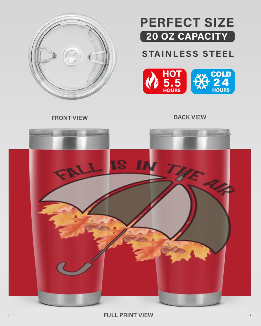 Fall is in the Air 20oz Tumbler made of stainless steel with a copper lining, featuring a drink-thru lid and a stylish autumn-themed design.
