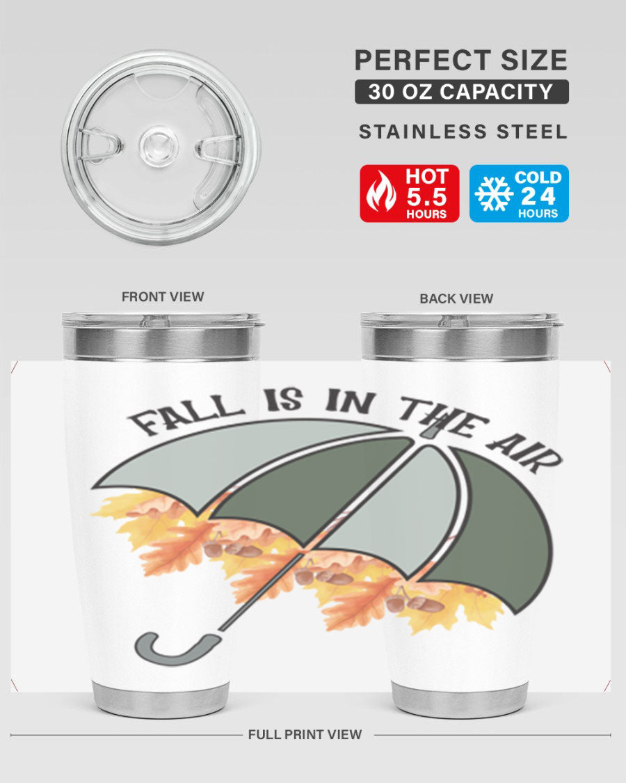 Fall is in the Air 20oz Tumbler made of stainless steel with a copper lining, featuring a drink-thru lid and a stylish autumn-themed design.