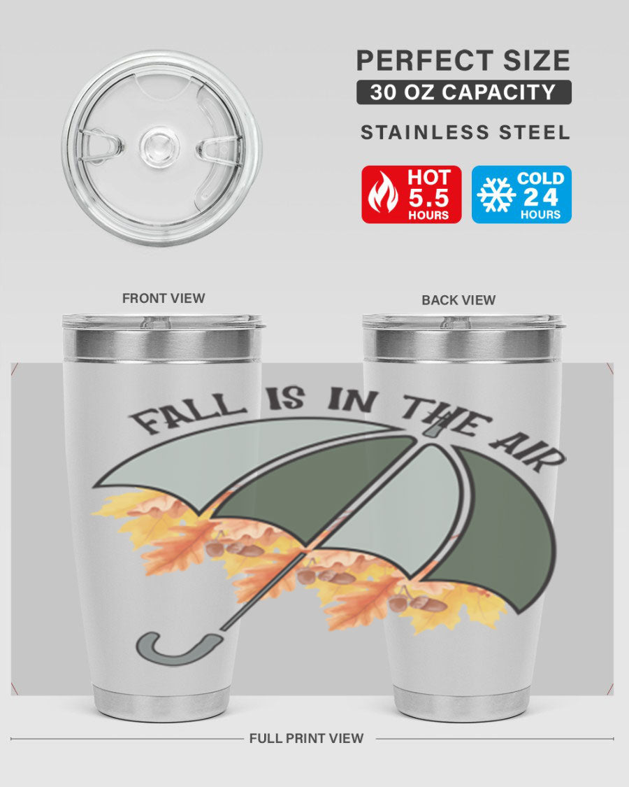 Fall is in the Air 20oz Tumbler made of stainless steel with a copper lining, featuring a drink-thru lid and a stylish autumn-themed design.