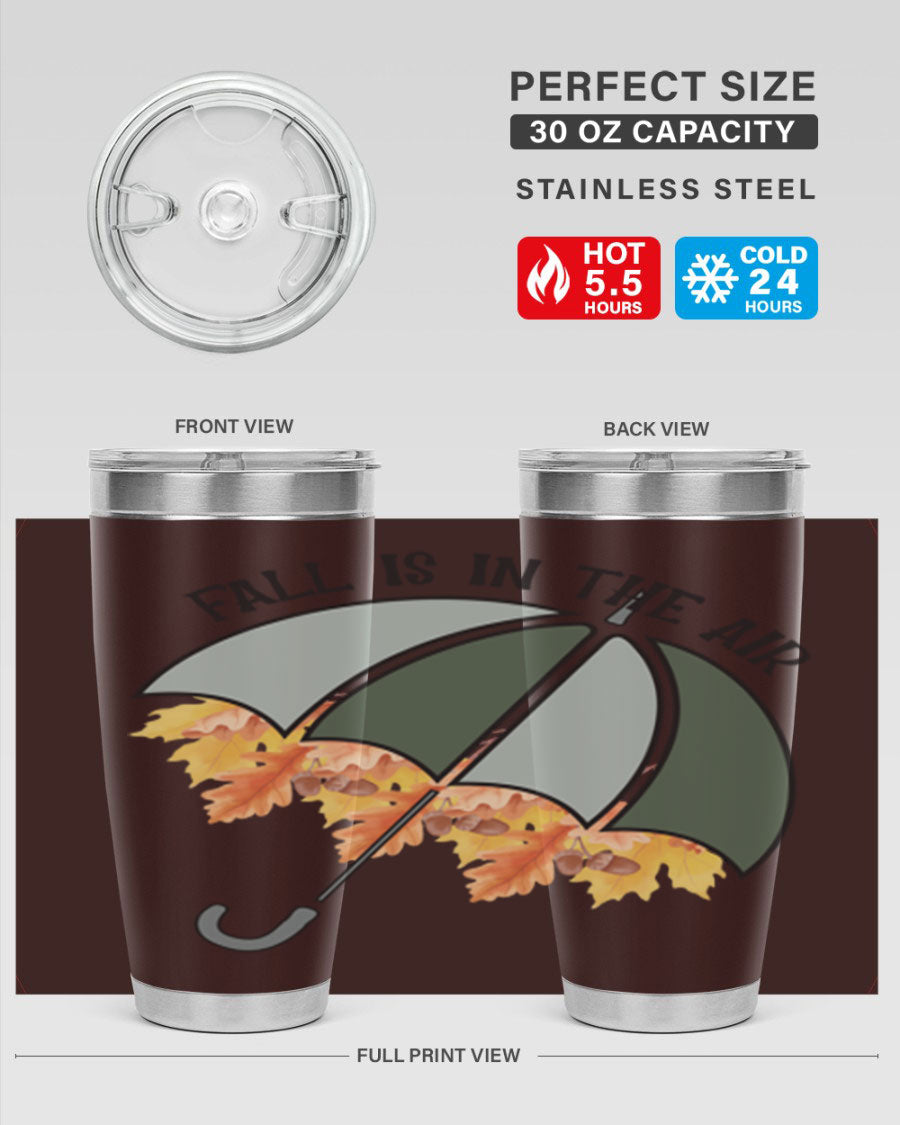 Fall is in the Air 20oz Tumbler made of stainless steel with a copper lining, featuring a drink-thru lid and a stylish autumn-themed design.
