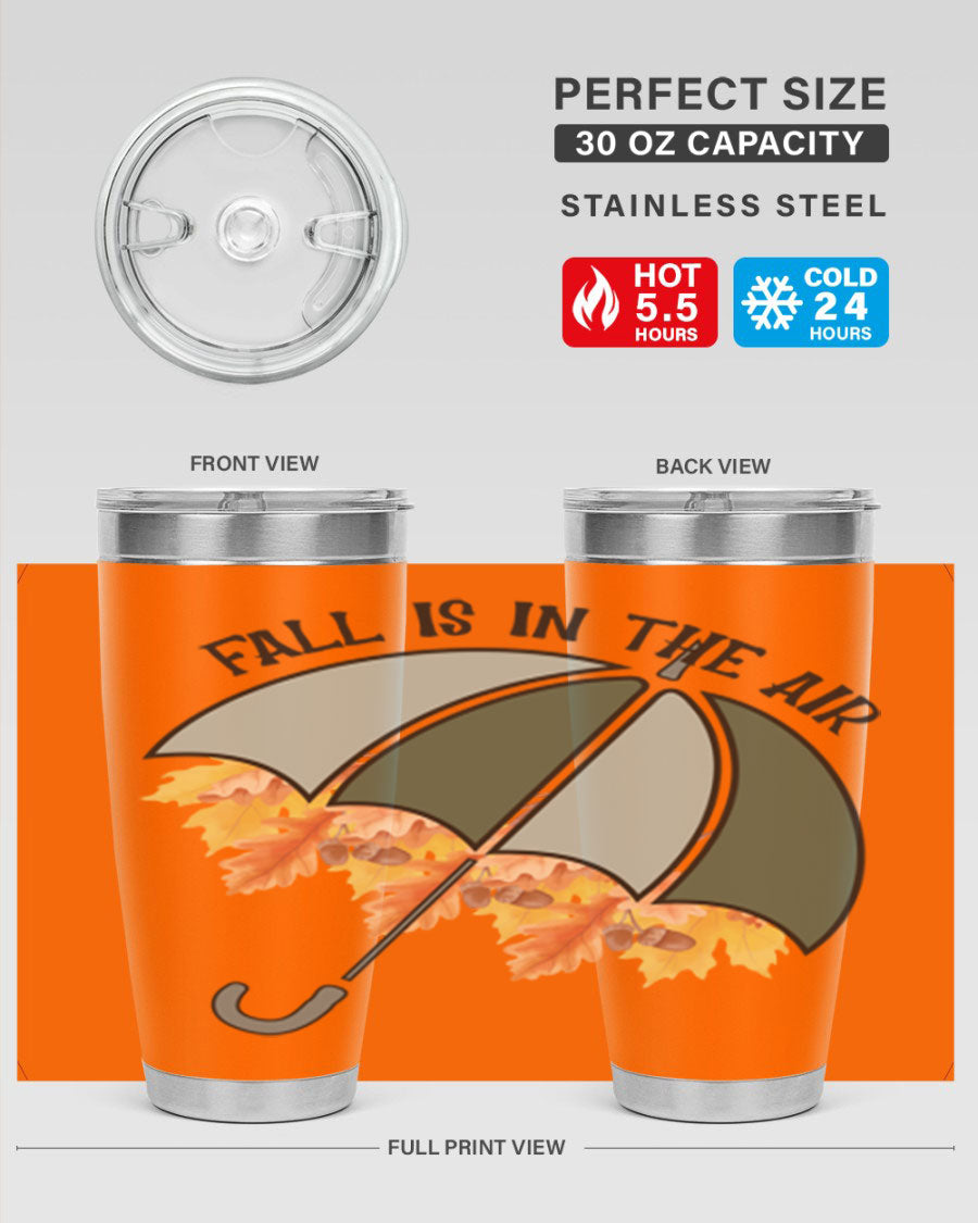 Fall is in the Air 20oz Tumbler made of stainless steel with a copper lining, featuring a drink-thru lid and a stylish autumn-themed design.