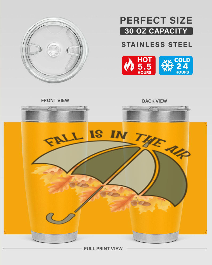 Fall is in the Air 20oz Tumbler made of stainless steel with a copper lining, featuring a drink-thru lid and a stylish autumn-themed design.