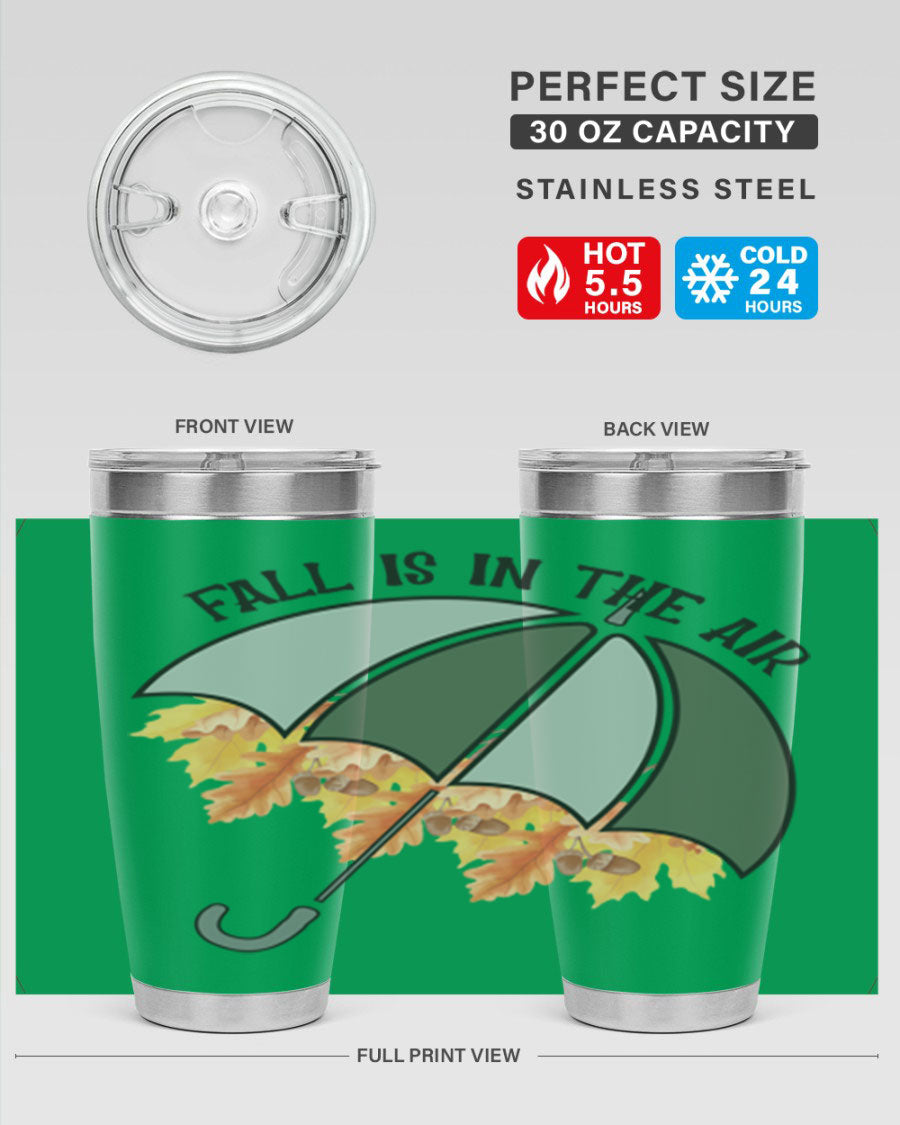 Fall is in the Air 20oz Tumbler made of stainless steel with a copper lining, featuring a drink-thru lid and a stylish autumn-themed design.