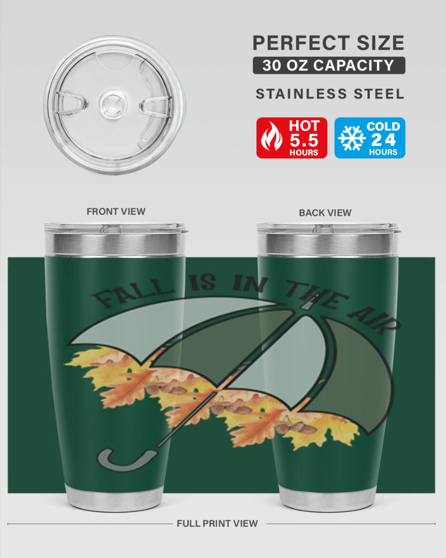 Fall is in the Air 20oz Tumbler made of stainless steel with a copper lining, featuring a drink-thru lid and a stylish autumn-themed design.