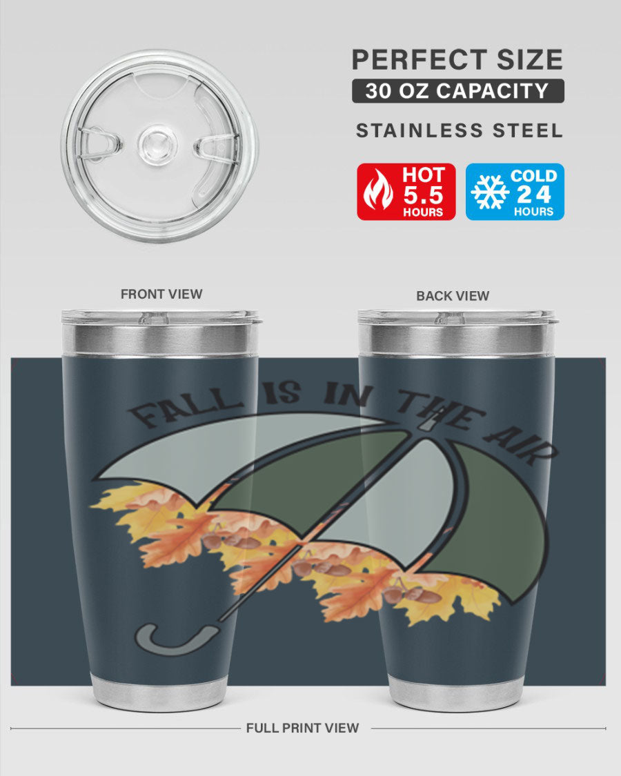 Fall is in the Air 20oz Tumbler made of stainless steel with a copper lining, featuring a drink-thru lid and a stylish autumn-themed design.