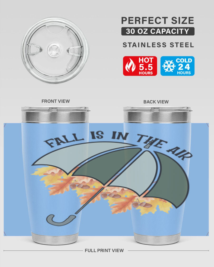 Fall is in the Air 20oz Tumbler made of stainless steel with a copper lining, featuring a drink-thru lid and a stylish autumn-themed design.