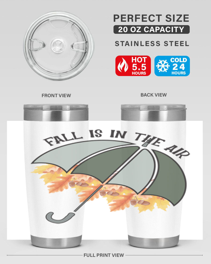 Fall is in the Air 20oz Tumbler made of stainless steel with a copper lining, featuring a drink-thru lid and a stylish autumn-themed design.