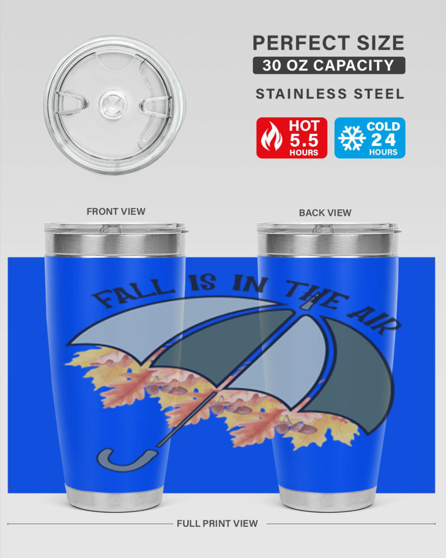 Fall is in the Air 20oz Tumbler made of stainless steel with a copper lining, featuring a drink-thru lid and a stylish autumn-themed design.