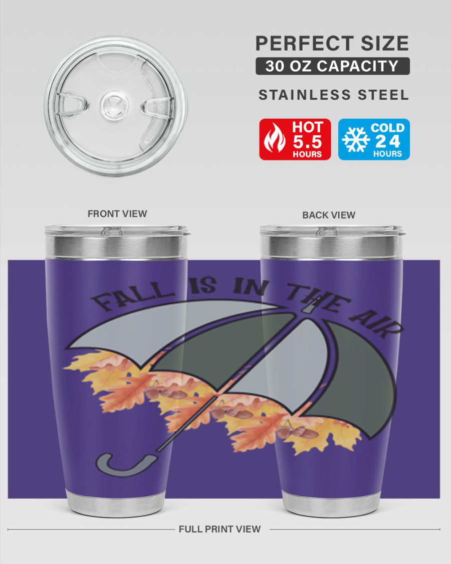 Fall is in the Air 20oz Tumbler made of stainless steel with a copper lining, featuring a drink-thru lid and a stylish autumn-themed design.