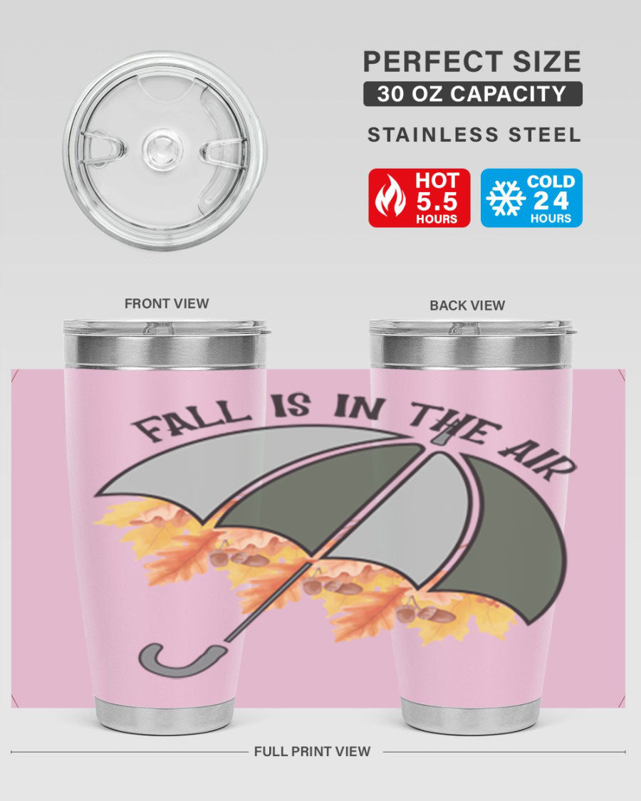 Fall is in the Air 20oz Tumbler made of stainless steel with a copper lining, featuring a drink-thru lid and a stylish autumn-themed design.