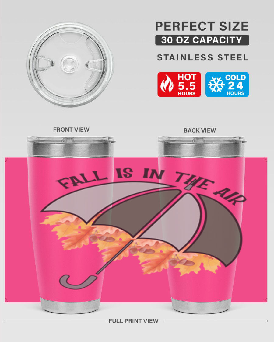 Fall is in the Air 20oz Tumbler made of stainless steel with a copper lining, featuring a drink-thru lid and a stylish autumn-themed design.