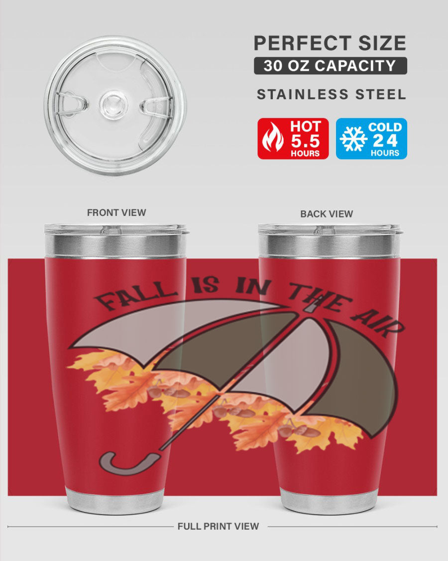 Fall is in the Air 20oz Tumbler made of stainless steel with a copper lining, featuring a drink-thru lid and a stylish autumn-themed design.