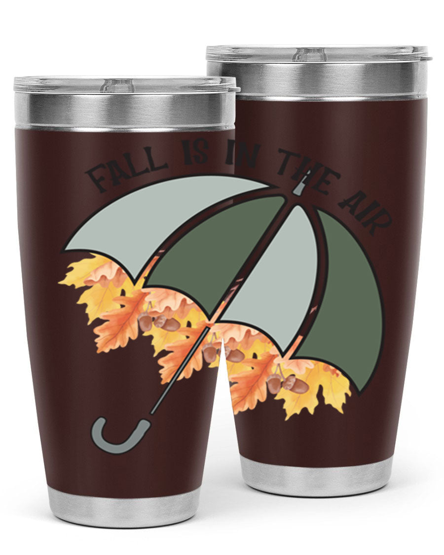 Fall is in the Air 20oz Tumbler made of stainless steel with a copper lining, featuring a drink-thru lid and a stylish autumn-themed design.