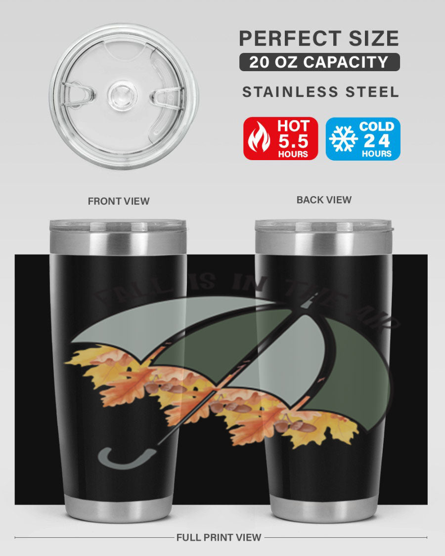 Fall is in the Air 20oz Tumbler made of stainless steel with a copper lining, featuring a drink-thru lid and a stylish autumn-themed design.