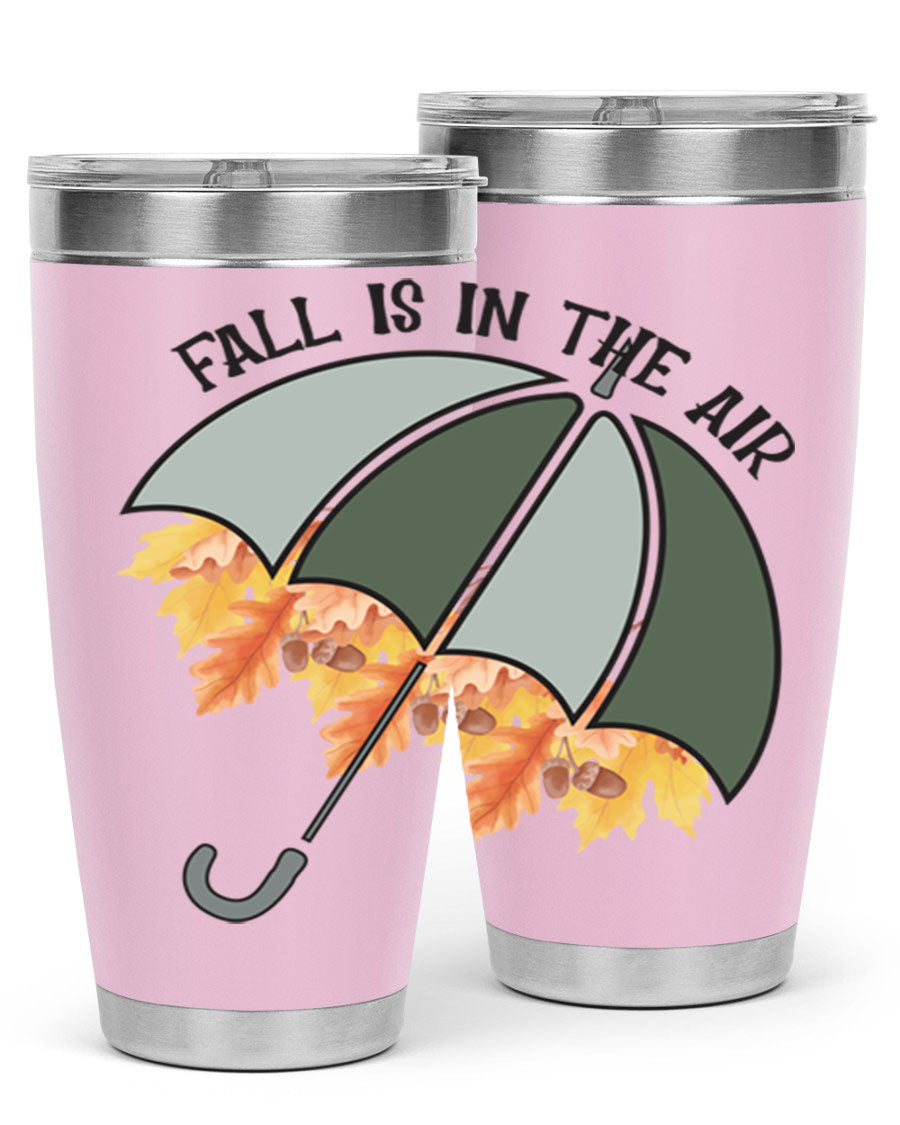 Fall is in the Air 20oz Tumbler made of stainless steel with a copper lining, featuring a drink-thru lid and a stylish autumn-themed design.