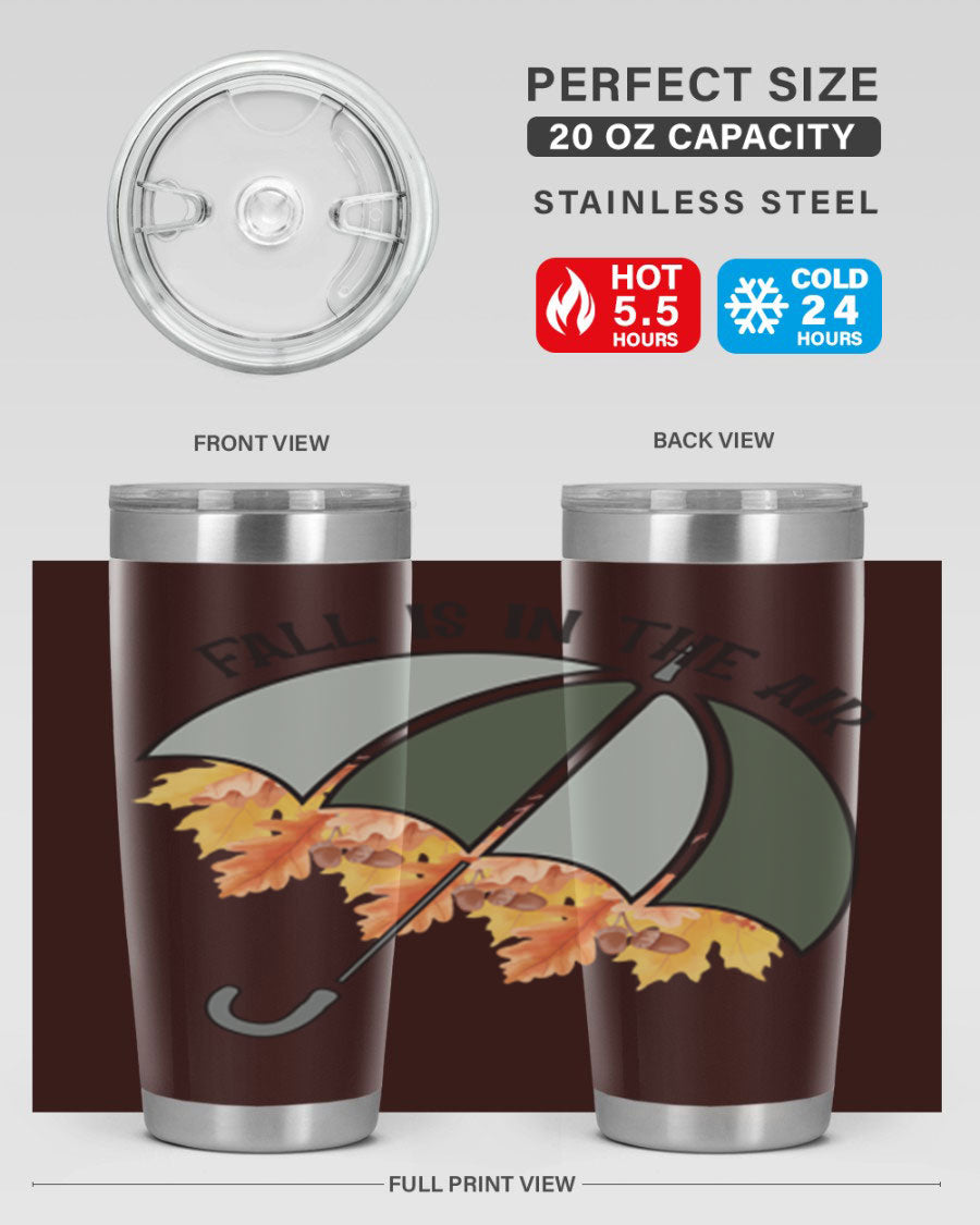 Fall is in the Air 20oz Tumbler made of stainless steel with a copper lining, featuring a drink-thru lid and a stylish autumn-themed design.