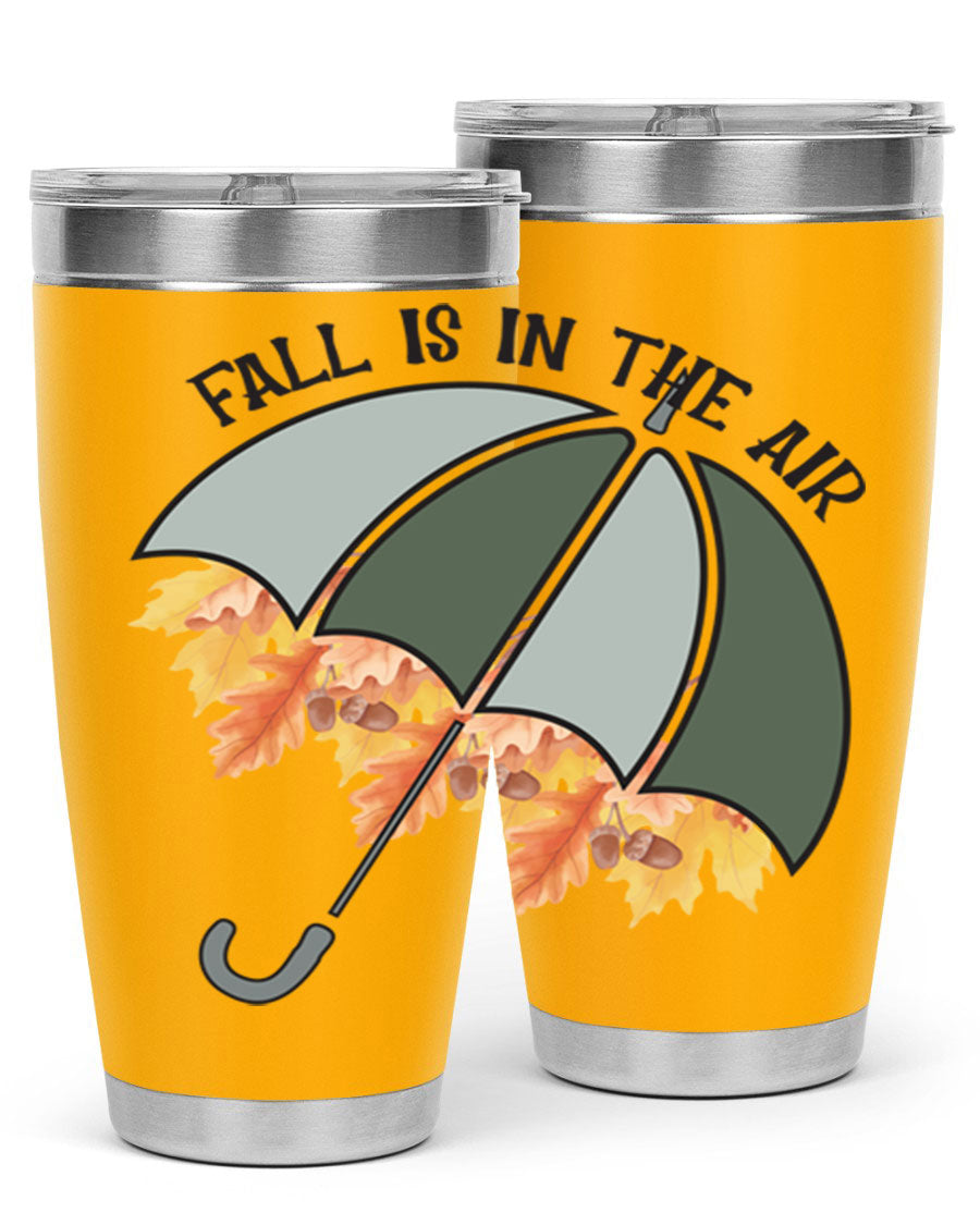Fall is in the Air 20oz Tumbler made of stainless steel with a copper lining, featuring a drink-thru lid and a stylish autumn-themed design.