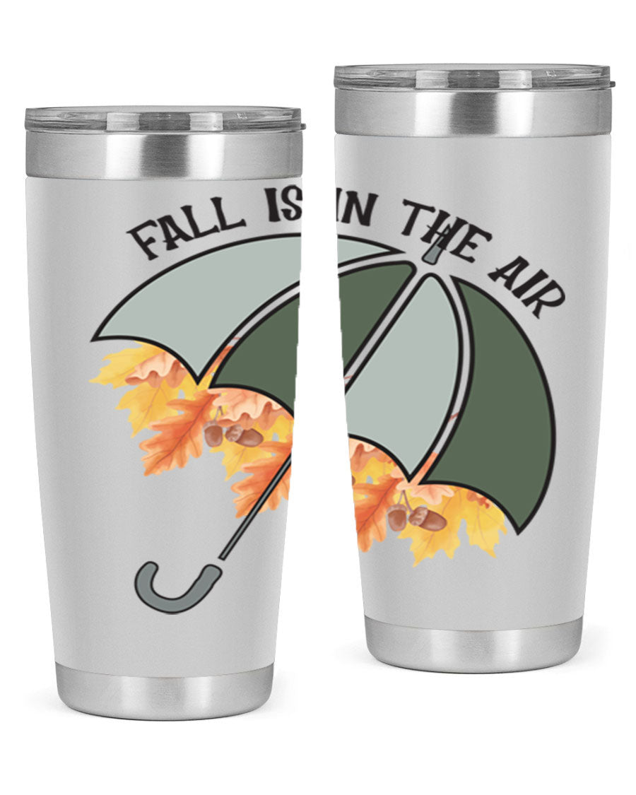 Fall is in the Air 20oz Tumbler made of stainless steel with a copper lining, featuring a drink-thru lid and a stylish autumn-themed design.
