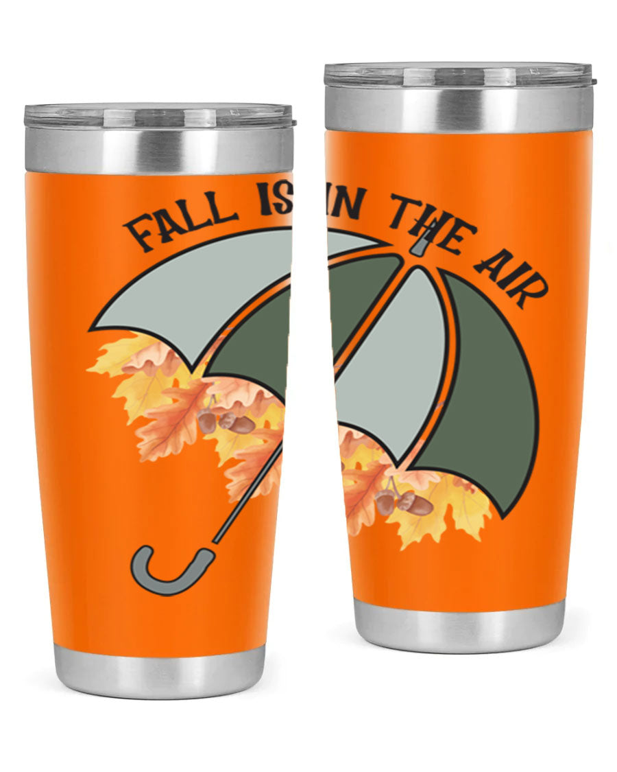 Fall is in the Air 20oz Tumbler made of stainless steel with a copper lining, featuring a drink-thru lid and a stylish autumn-themed design.