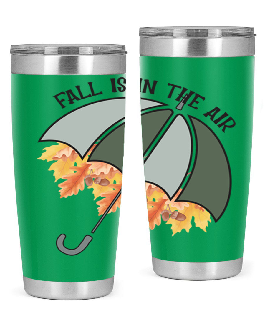Fall is in the Air 20oz Tumbler made of stainless steel with a copper lining, featuring a drink-thru lid and a stylish autumn-themed design.